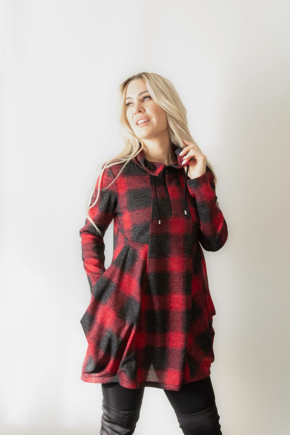 Plaid Tunic With Kangaroo Pockets 484-4266