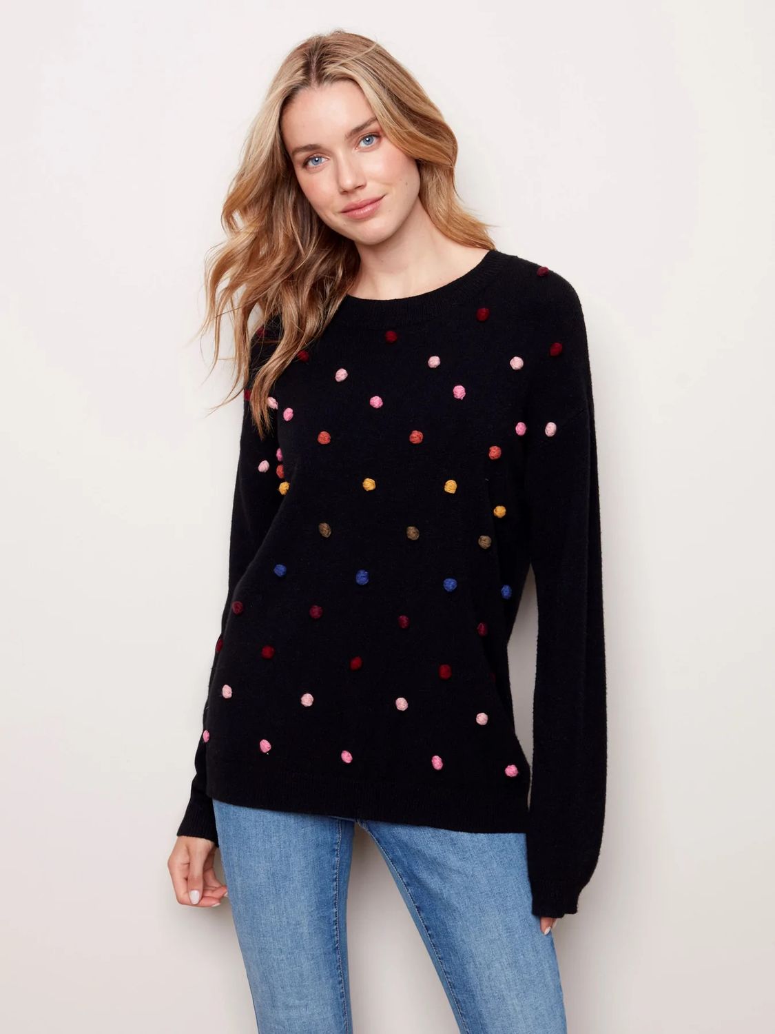 Crewneck Pullover With Pom Poms C2472