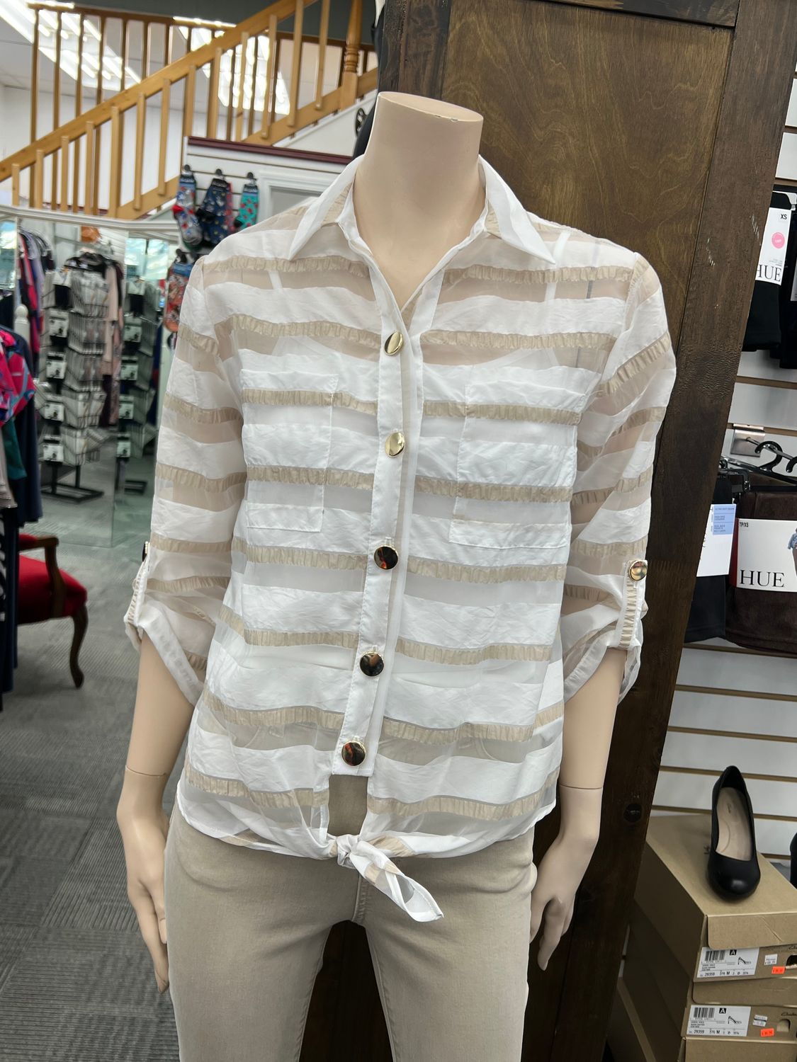 White &amp; Beige Woven Top With Camisole 236288, Size: 6