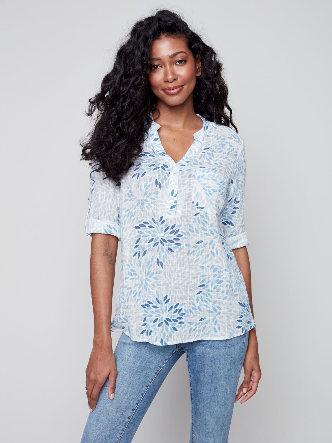 Printed Roll Up Sleeve Blouse C4188Z