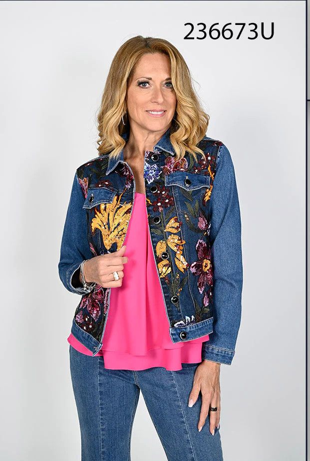 Frank Lyman-236673U-Woven Denim Jacket-Blue/Orange