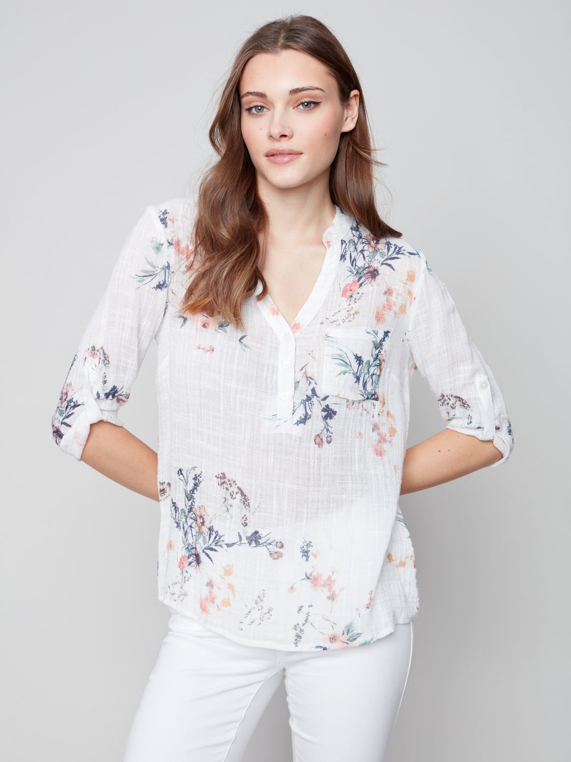 Printed Roll Up Sleeve Blouse C4188ZD