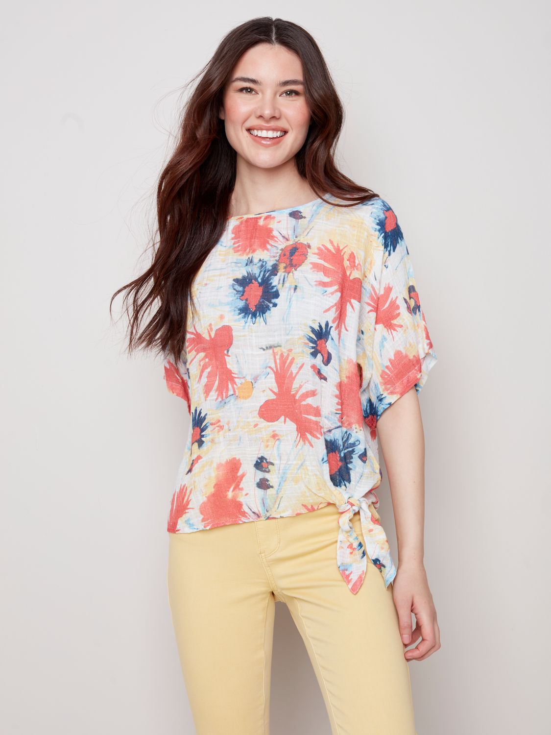 Dolman Cotton Blouse With Bottom Tie C4403Z