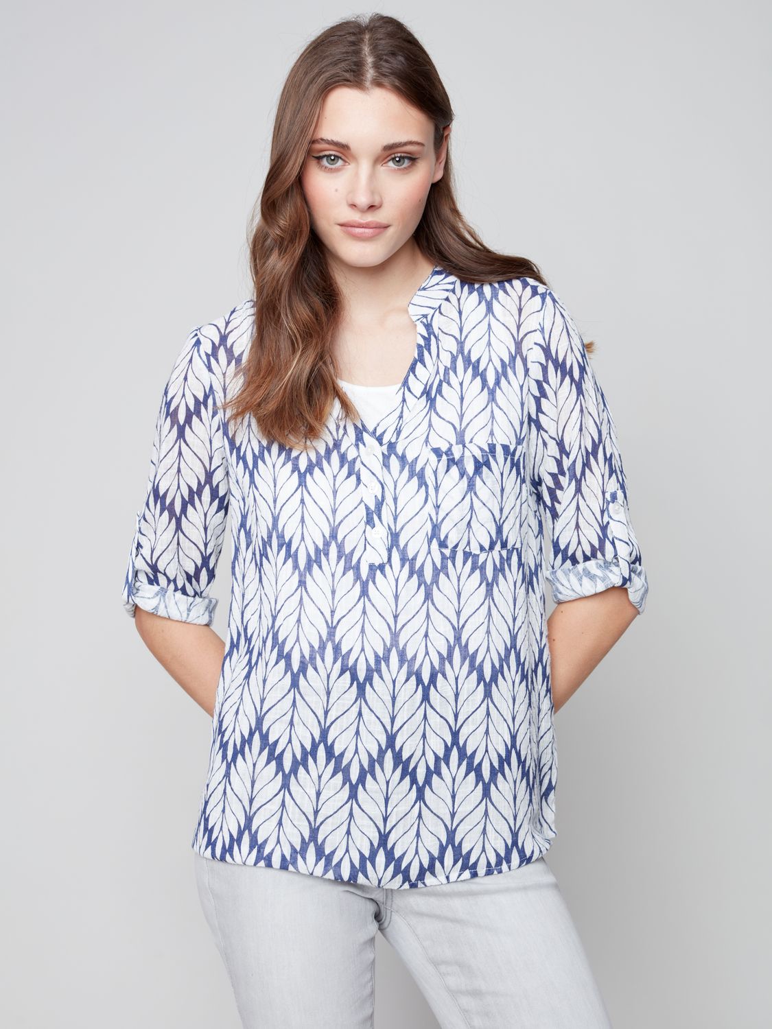 Printed Roll Up Sleeve Blouse C4188Z
