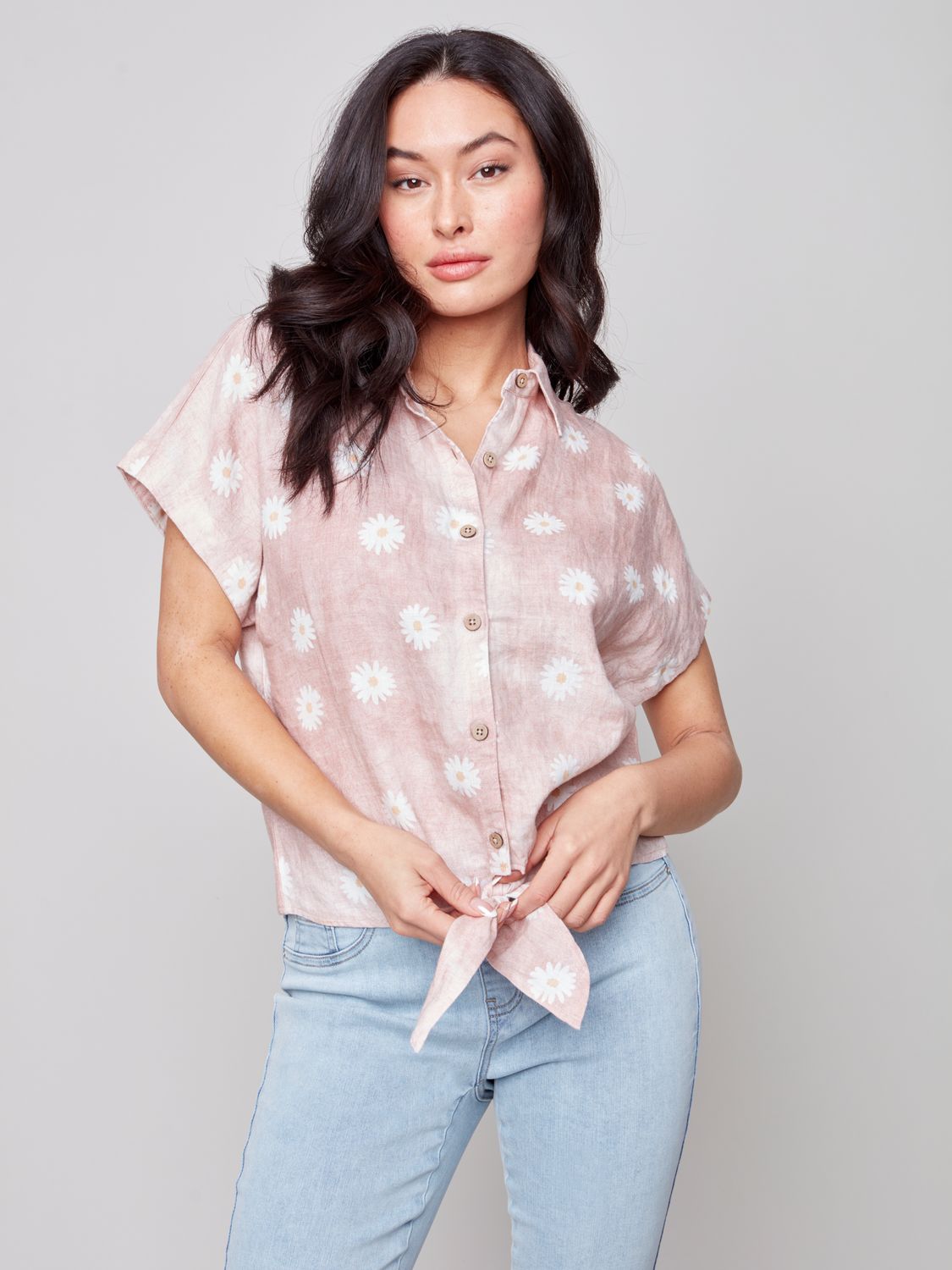 Cap Sleeve Front Tie Button Up Shirt C4464 032B