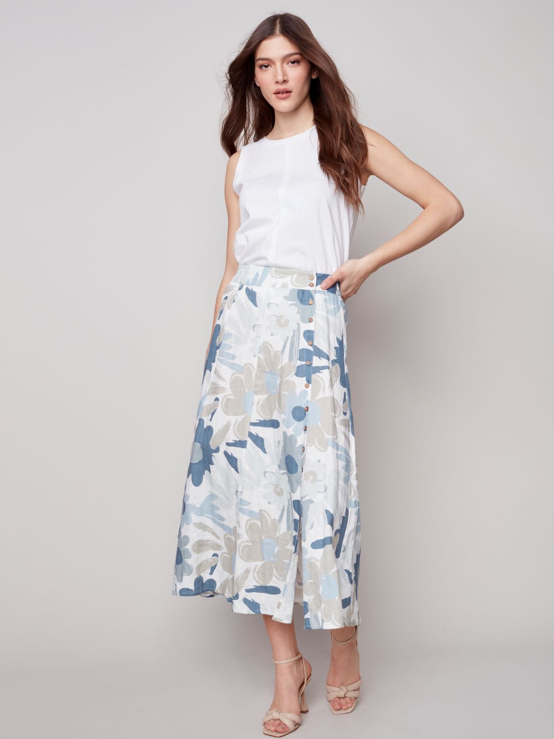 Printed Linen Skirt With Coconut Buttons C7066 587B