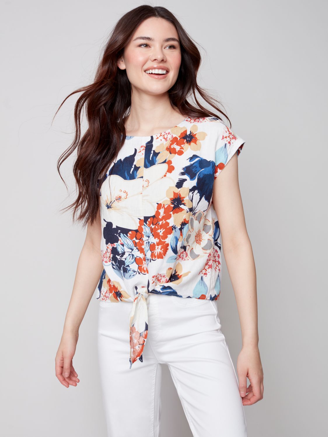 Striped Cap Sleeves Rounded Neck Front Tie Top C4271X-32B
