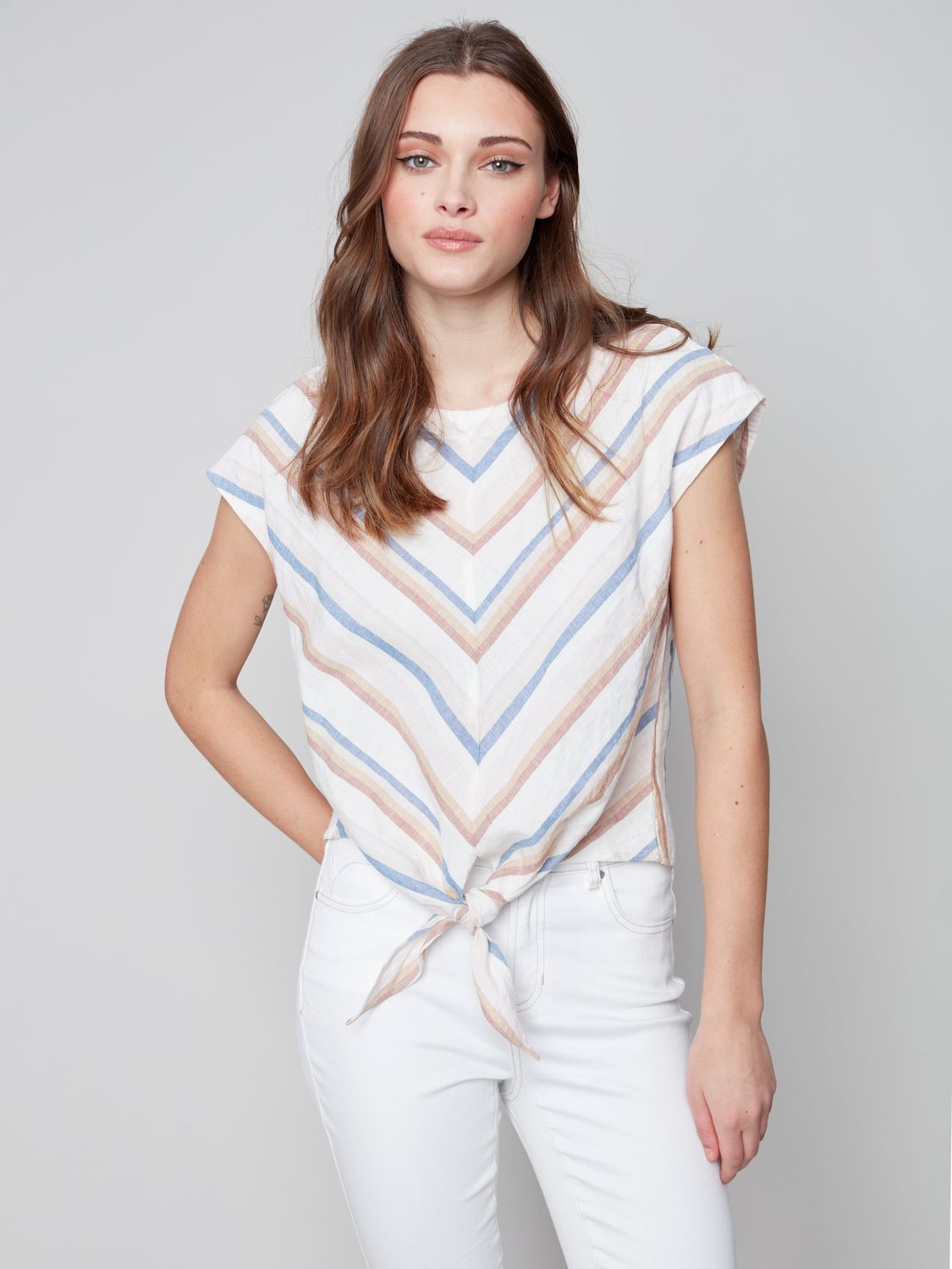 Striped Cap Sleeves Rounded Neck Front Tie Top C4271X-33B