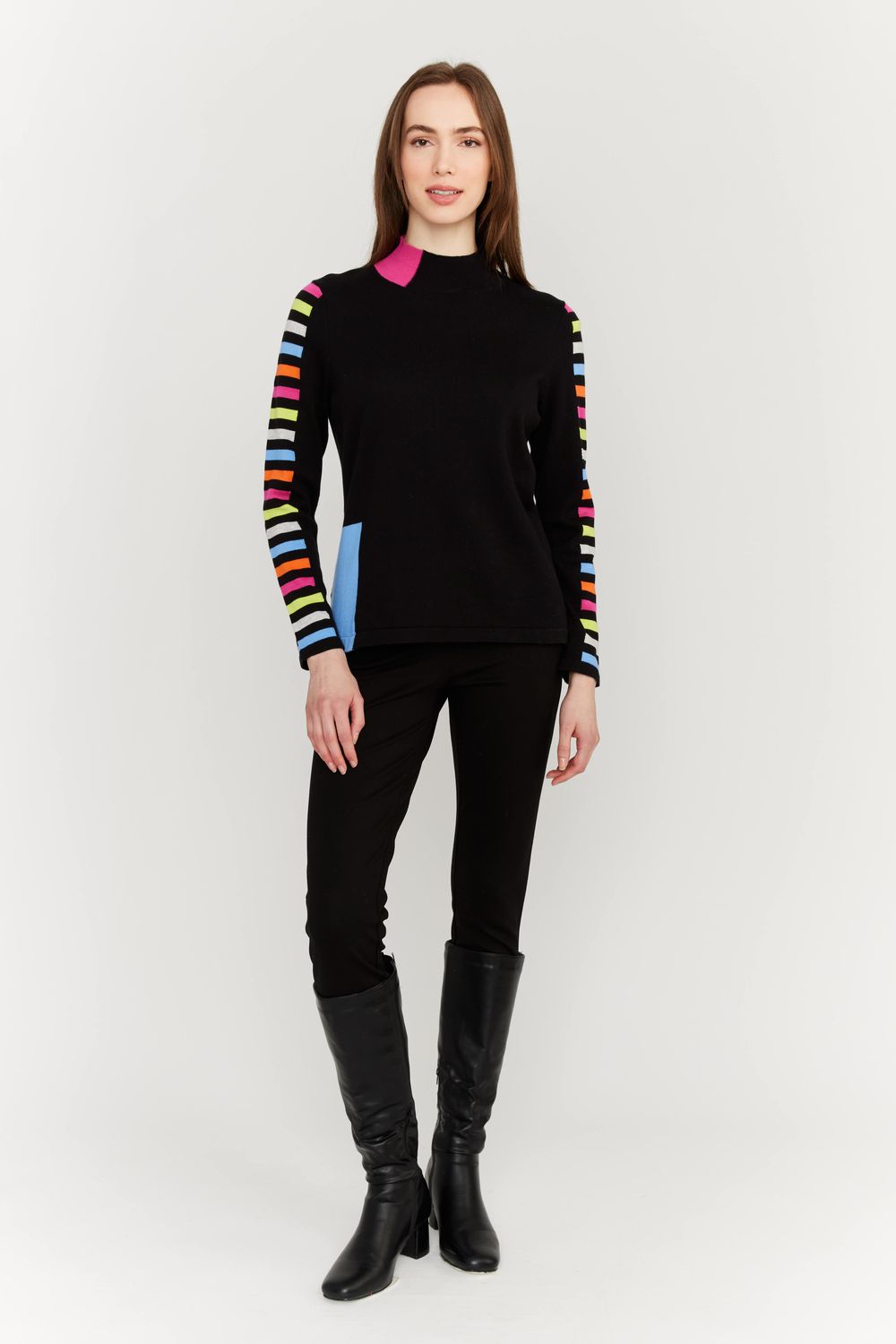 Striped Sleeve Sweater Style Ew31075, Color: Black, Size: S