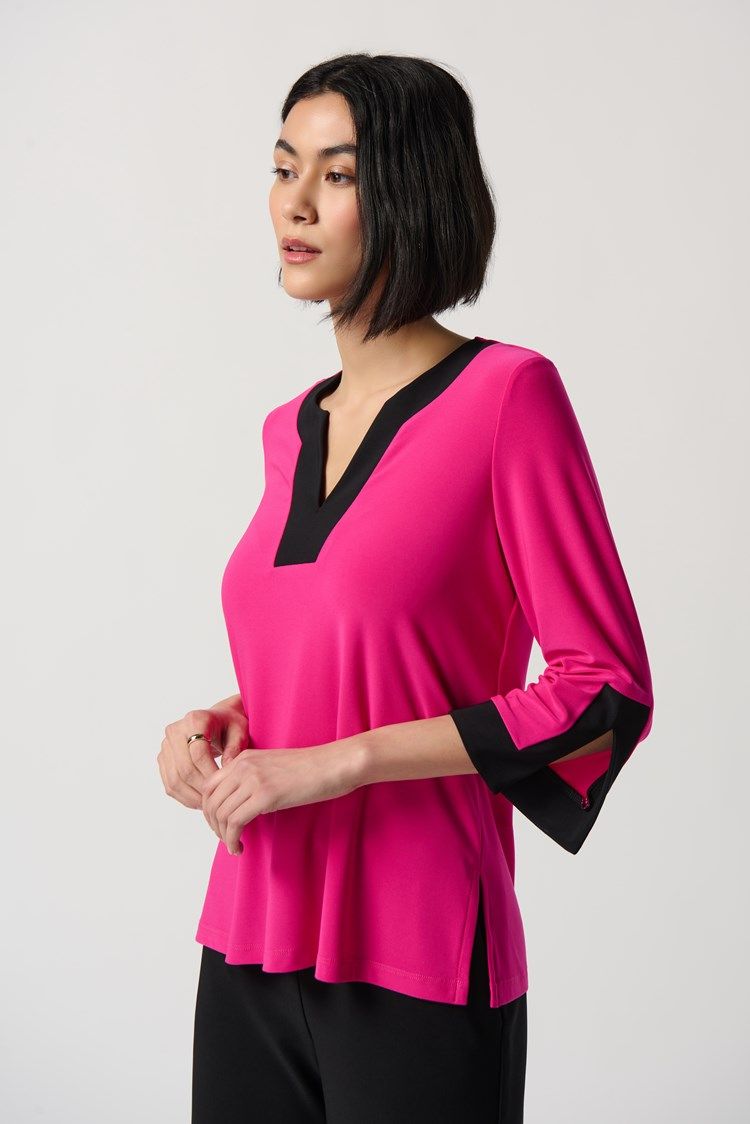 Silky Knit Color-Block Slit Neckline Top 234083 , Color: 4181-Shocking Pink/Black, Size: 10