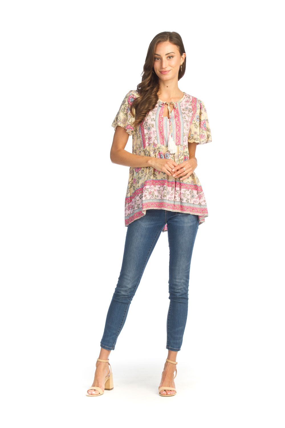 Border Print Short Sleeve Top 14018