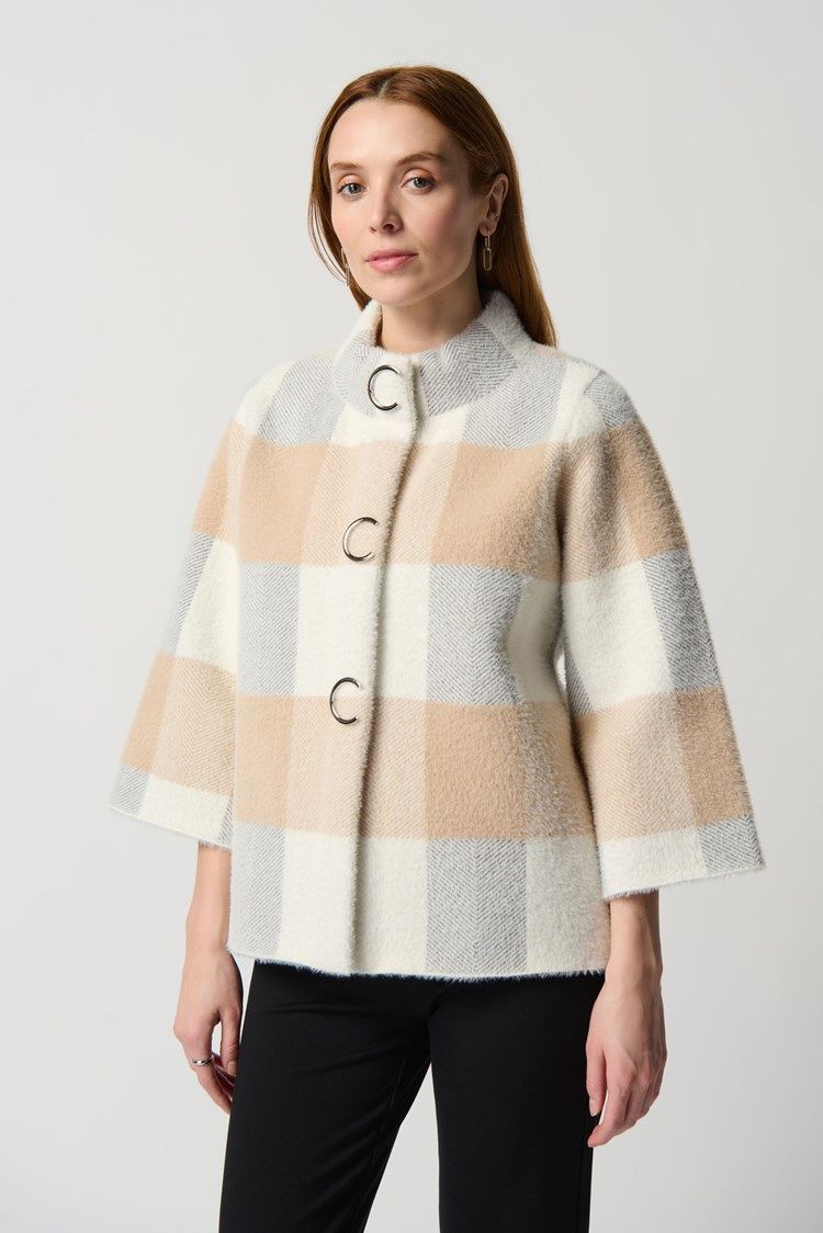 Plaid Jacquard Sweater Jacket With Funnel Neck 234908 , Color: Vanilla/Grey/Oatmeal 4159, Size: XS