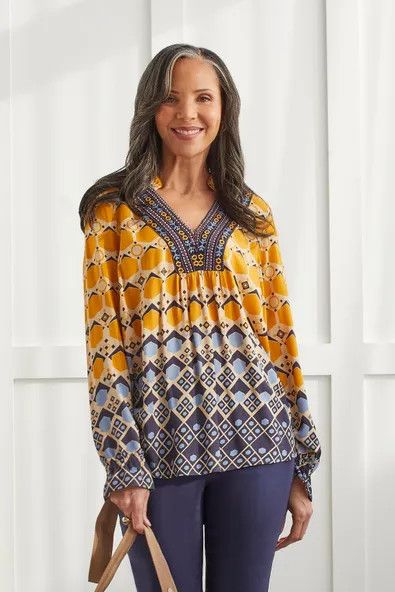 V-Neck Blouse With Embroidery 1579O/4716, Color: Marigold, Size: S