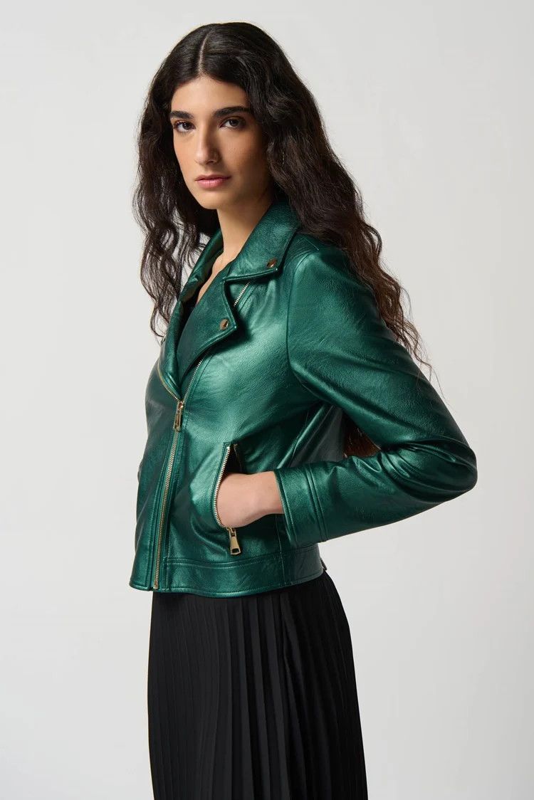 Metallic Faux Leather Biker Jacket 234902 , Color: 4154 emerald, Size: S