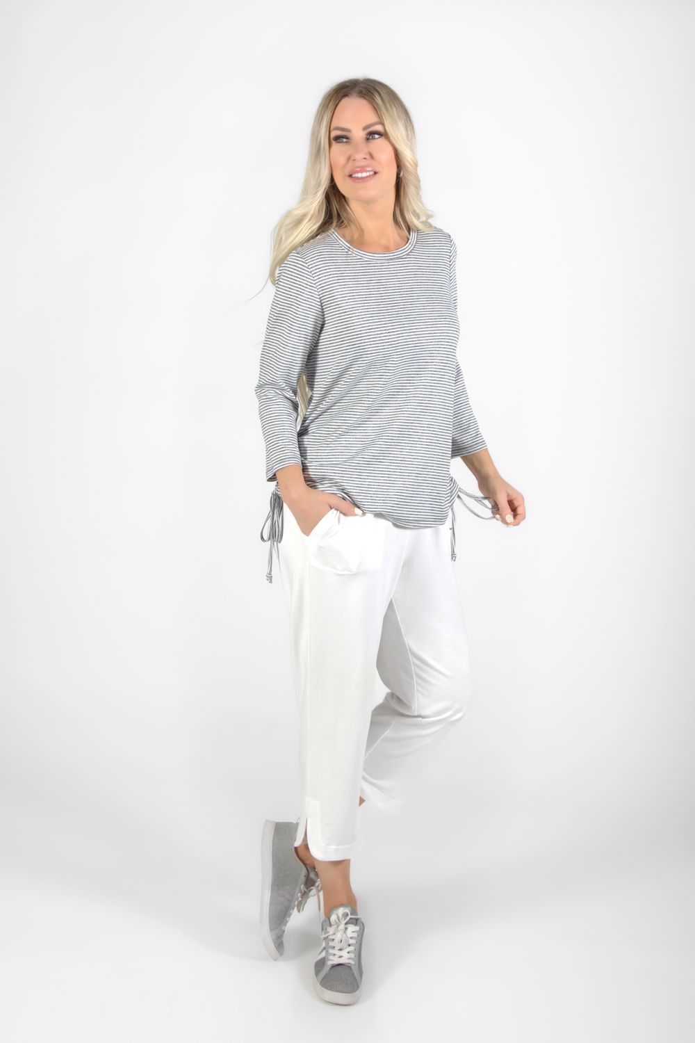 Top With Side Strings 514-4880, Color: White Stripe, Size: XS
