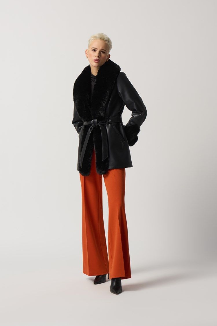 Leatherette Coat With Faux Fur 233927, Color: Black, Size: XS