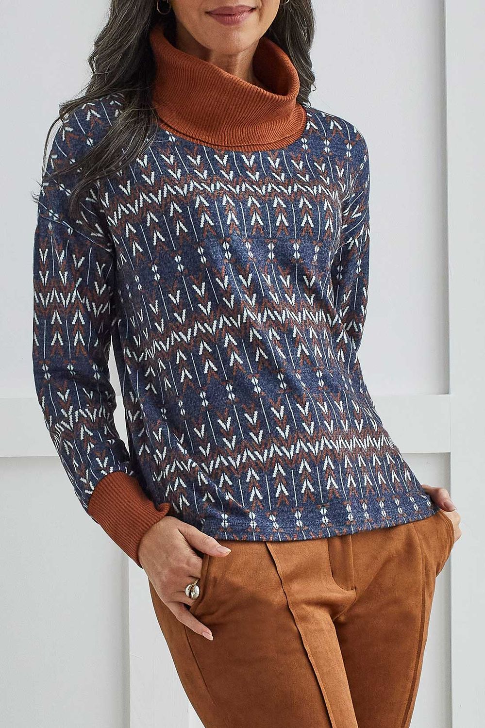 Cowl Neck Top With Combo 1515O/3822, Color: Sapphire, Size: S