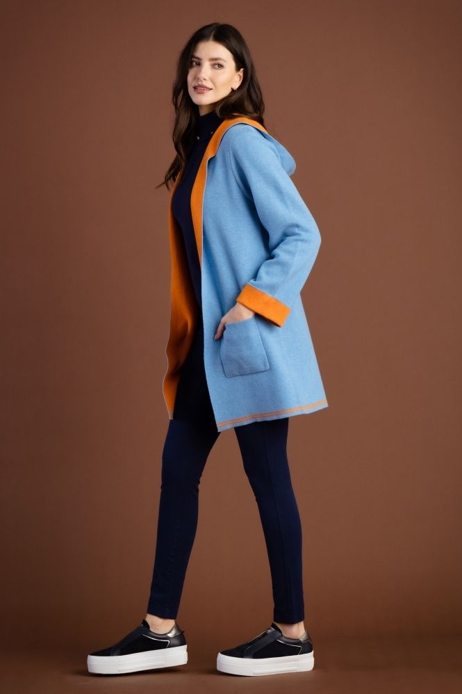 Contrast Hooded Cardigan - Powder Blue/Orange - 7196, Size: XS