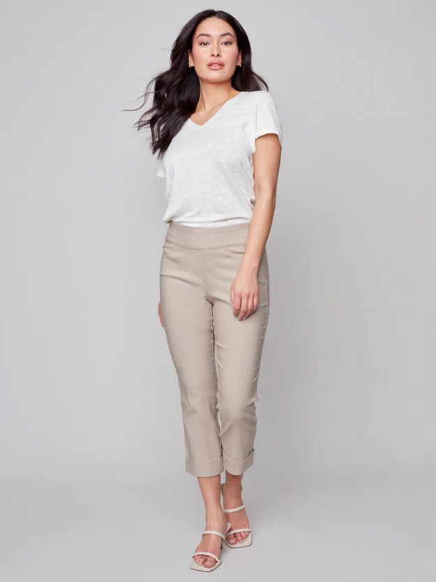 Solid Pull On Stretch Cropped Cuffed Pant C5259, Color: Griege, Size: 4