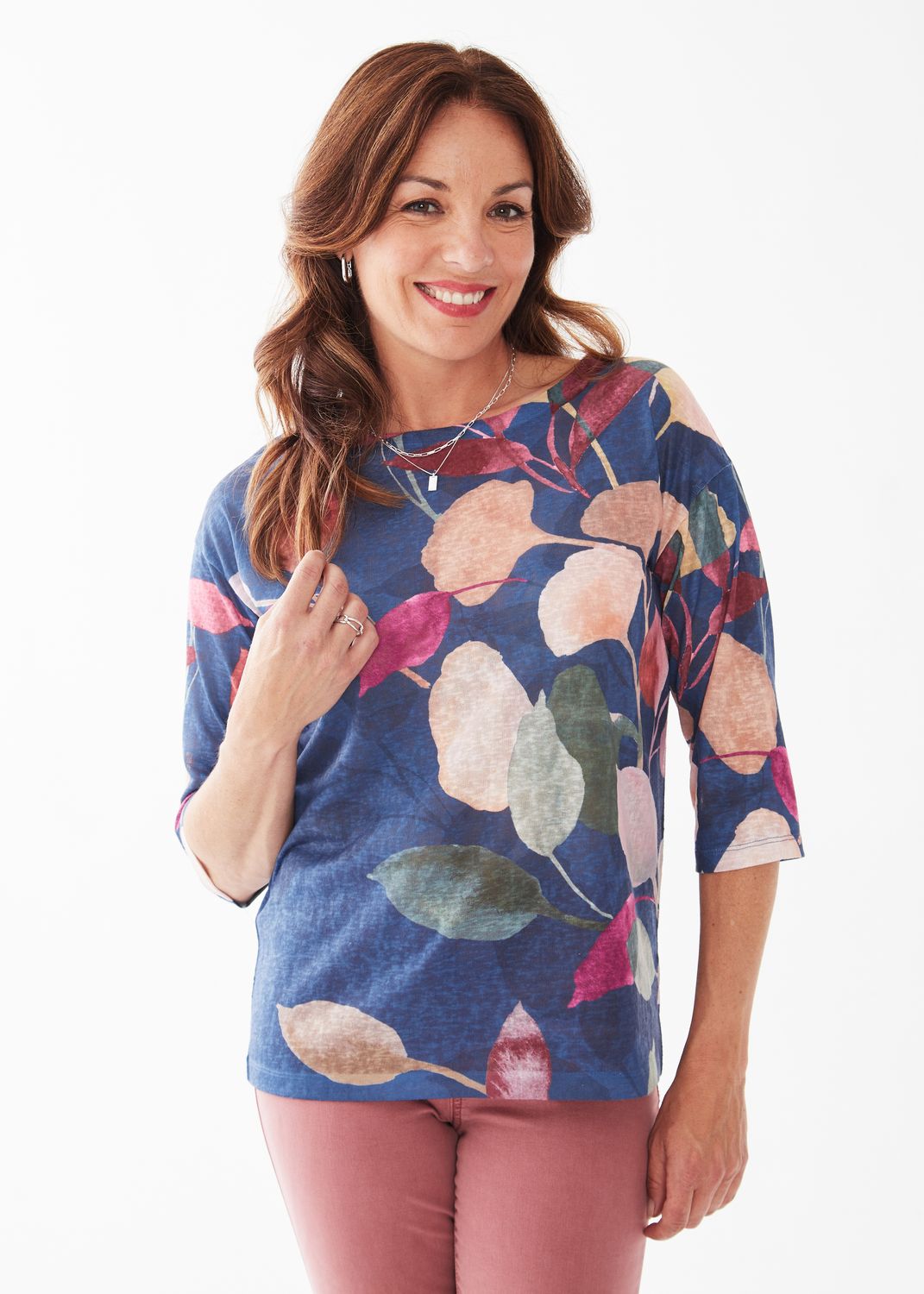 Printed Drop Shoulder 3/4 Sleeve Top 3900451, Color: Autumn Watercolor, Size: XS
