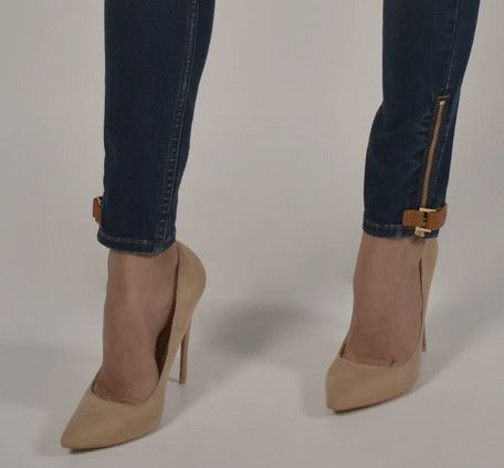 5 Pocket Denim Jeans With Leather Detail 226182, Color: Dark Blue/Tan, Size: XS