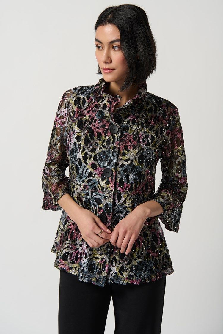 Abstract Print Shirred Collar Trapeze Jacket 234106 , Color: Multi 3759, Size: 8