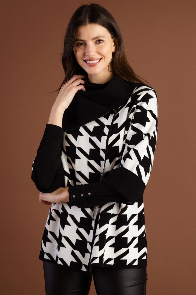 Dogtooth Print Cardigan - Black/Ivory 7190, Size: XS