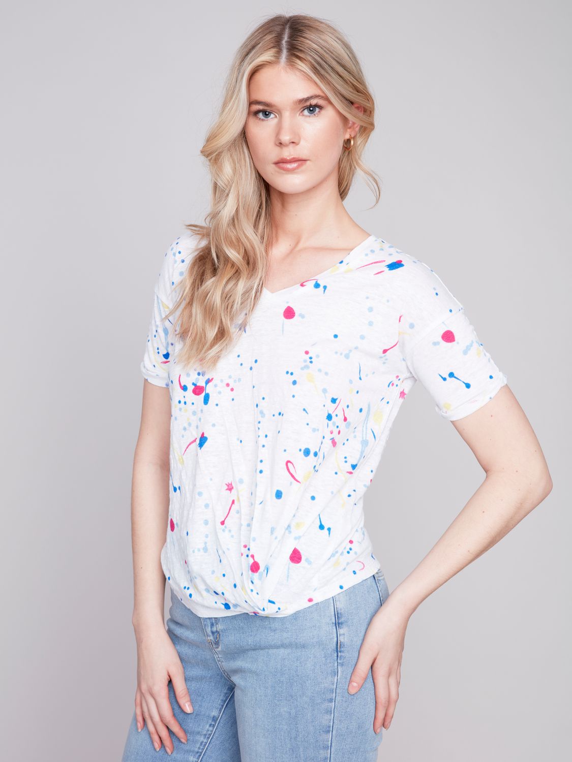 V Neck Short Sleeve Top With Twisted Front C1335XPK/308B, Color: Splash, Size: S