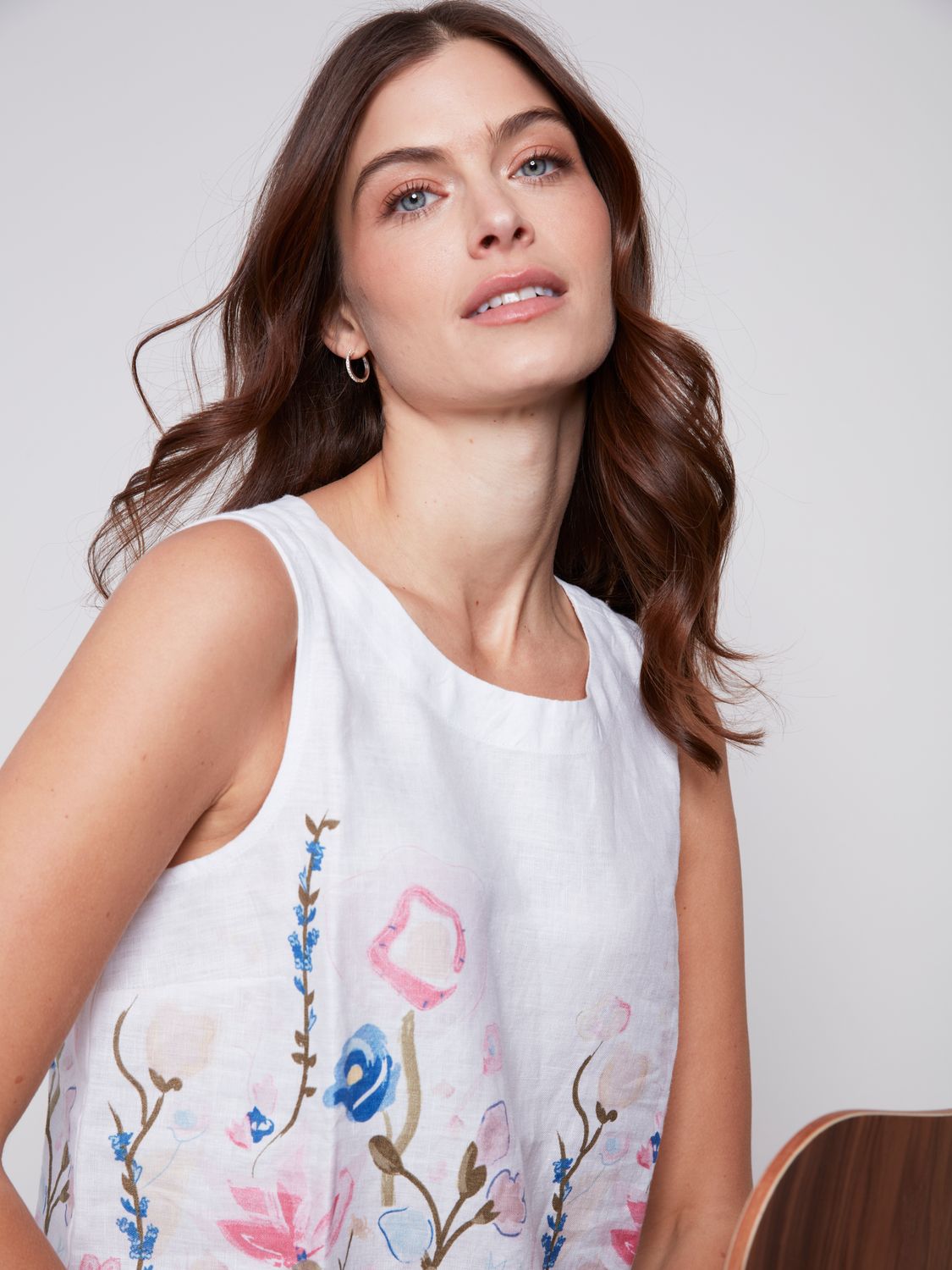 Border Printed High Low Linen Top C4532P/032B, Color: Pastel, Size: XS