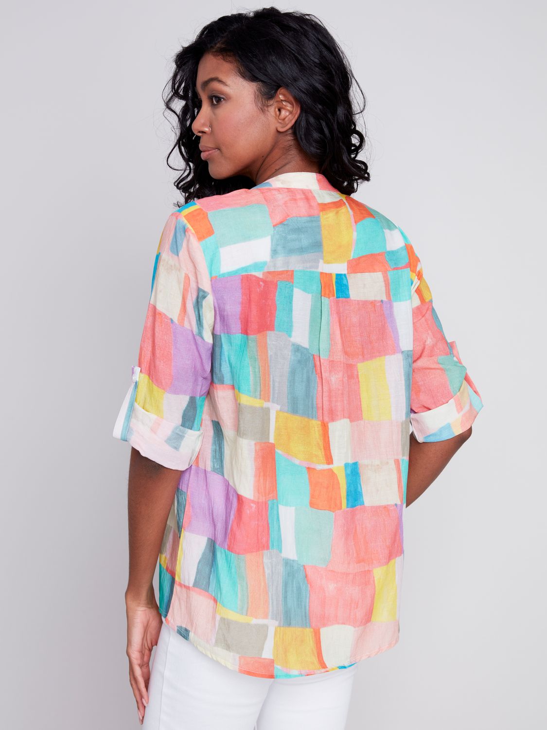 Digital Printed Roll Up Sleeve Blouse C4188D/884B, Color: Mosaic, Size: S