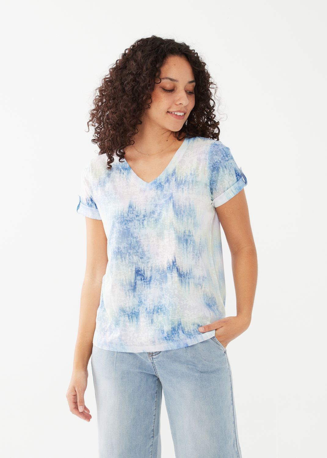 Roll Tab V Neck Top 3406844, Color: Sea Purple, Size: XS