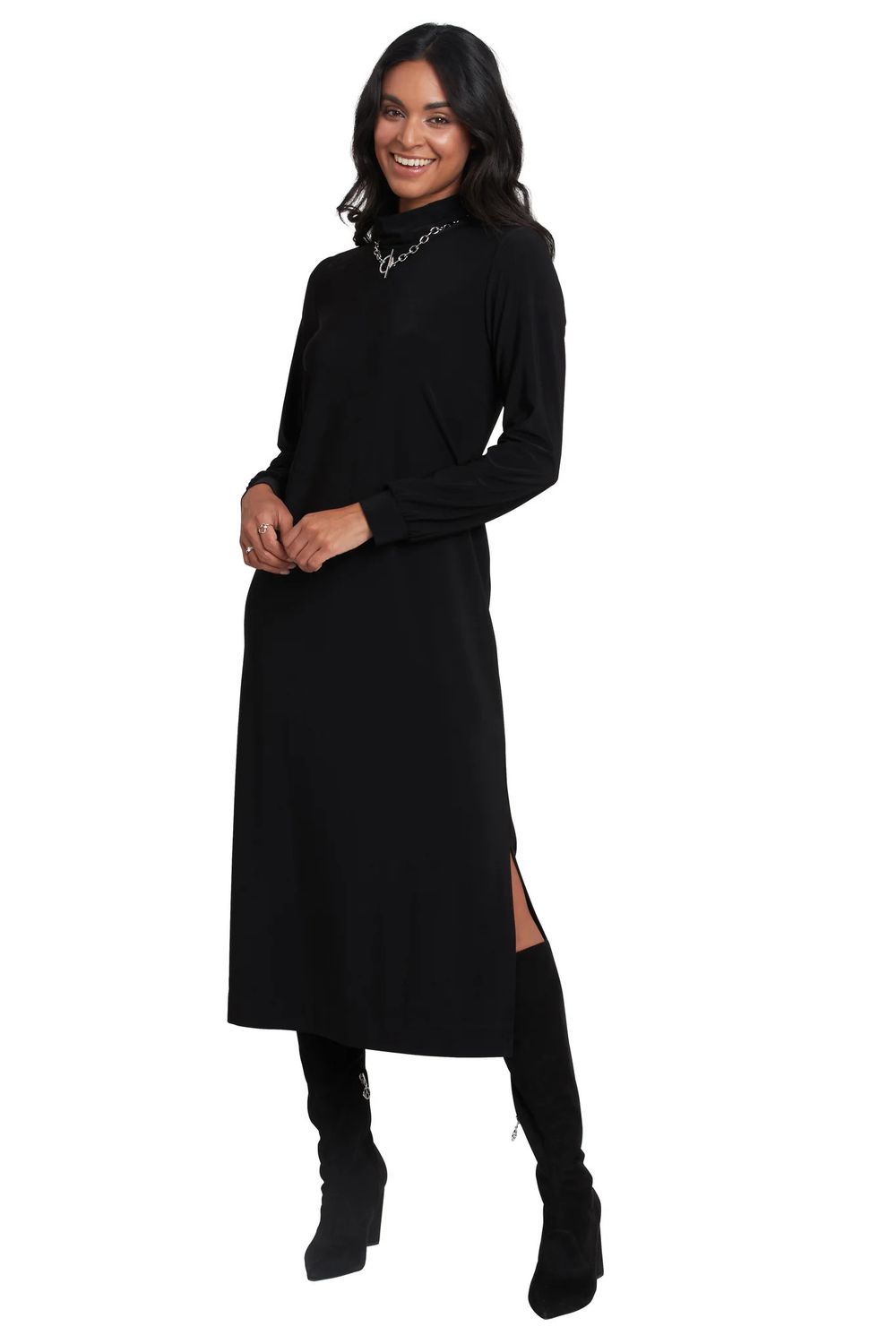 Mock Neck Long Knit Dress 32784, Color: Black, Size: XS
