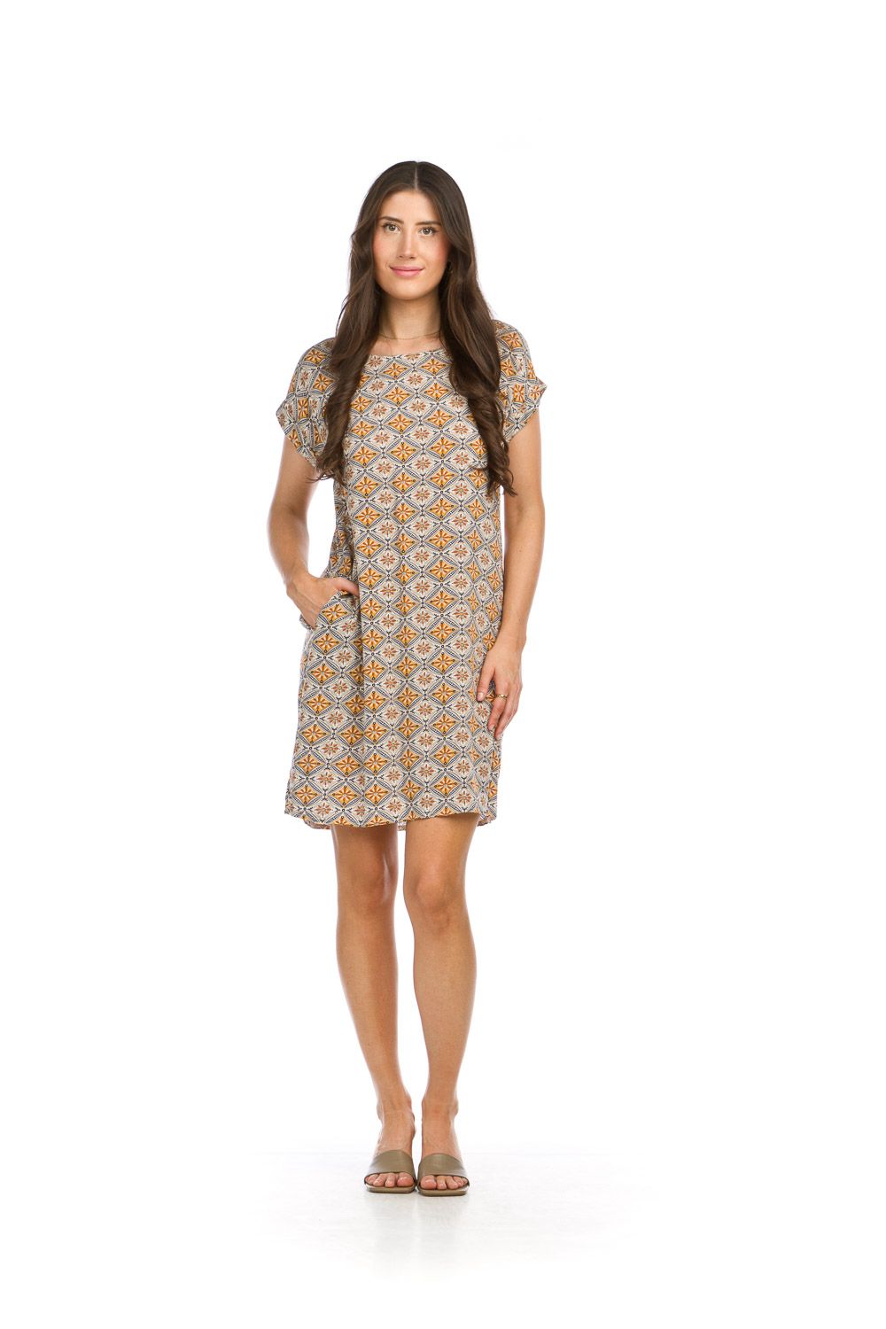Medallion Print Shift Dress PD-16530, Color: Beige, Size: S