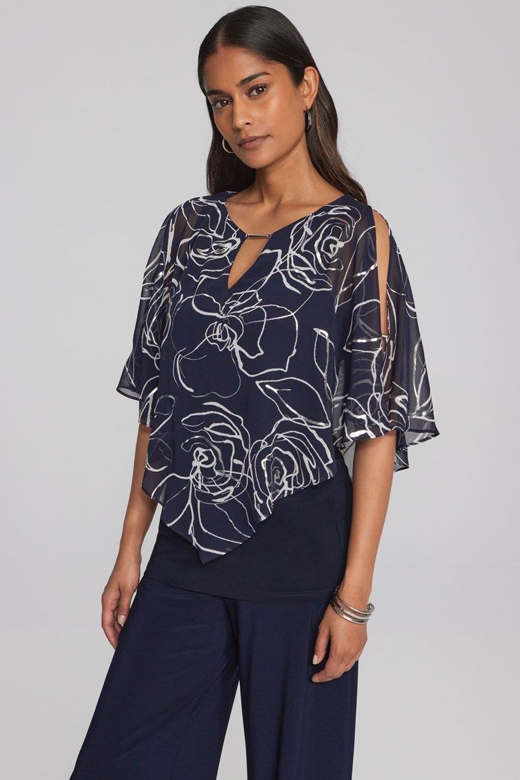 Floral Print Chiffon Poncho with Keyhole Neckline 241783 
