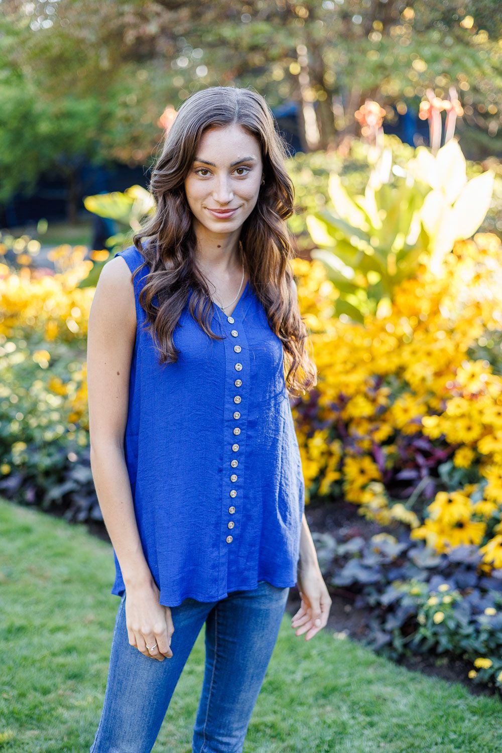 Layered Button Front Sleeveless Top PT12014, Color: Cobalt, Size: S