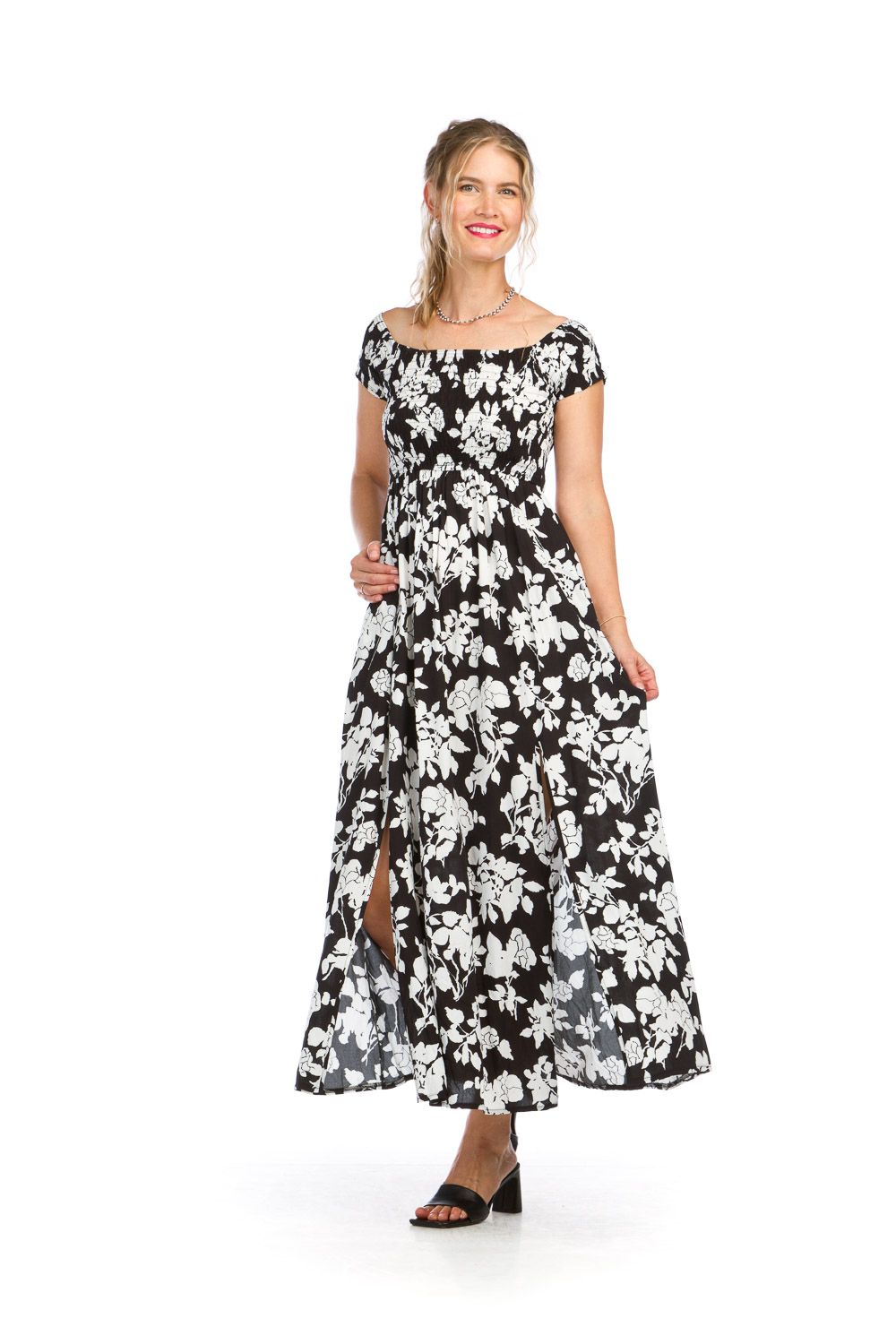 Floral Smocked Maxi Dress PD16589, Color: Black, Size: XS