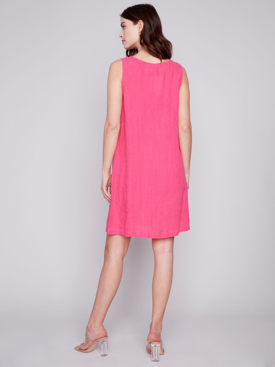 Solid Sleeveless Linen Dress With Coconut Buttons C3154/844C, Color: Punch, Size: XS
