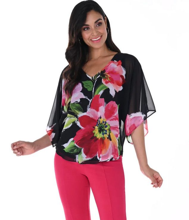 Floral Chiffon Top Style 246186, Color: Black/Fuchsia, Size: 10