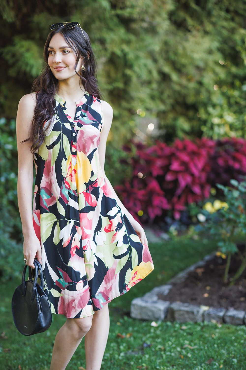 Floral A Line Henley Dress PD-16678, Color: Black, Size: XS
