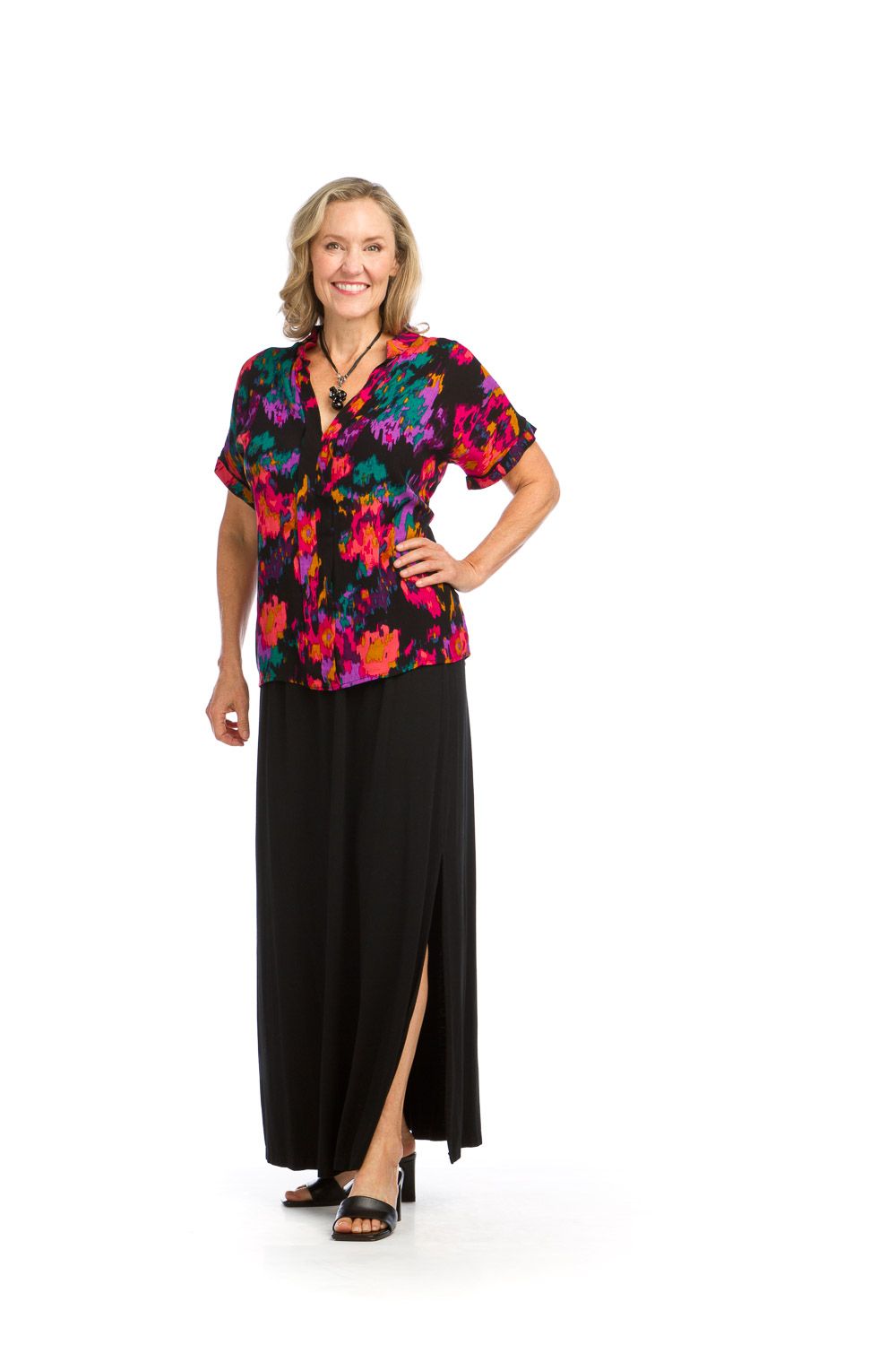Floral Short Sleeve Top PT-16089, Color: Black, Size: XS