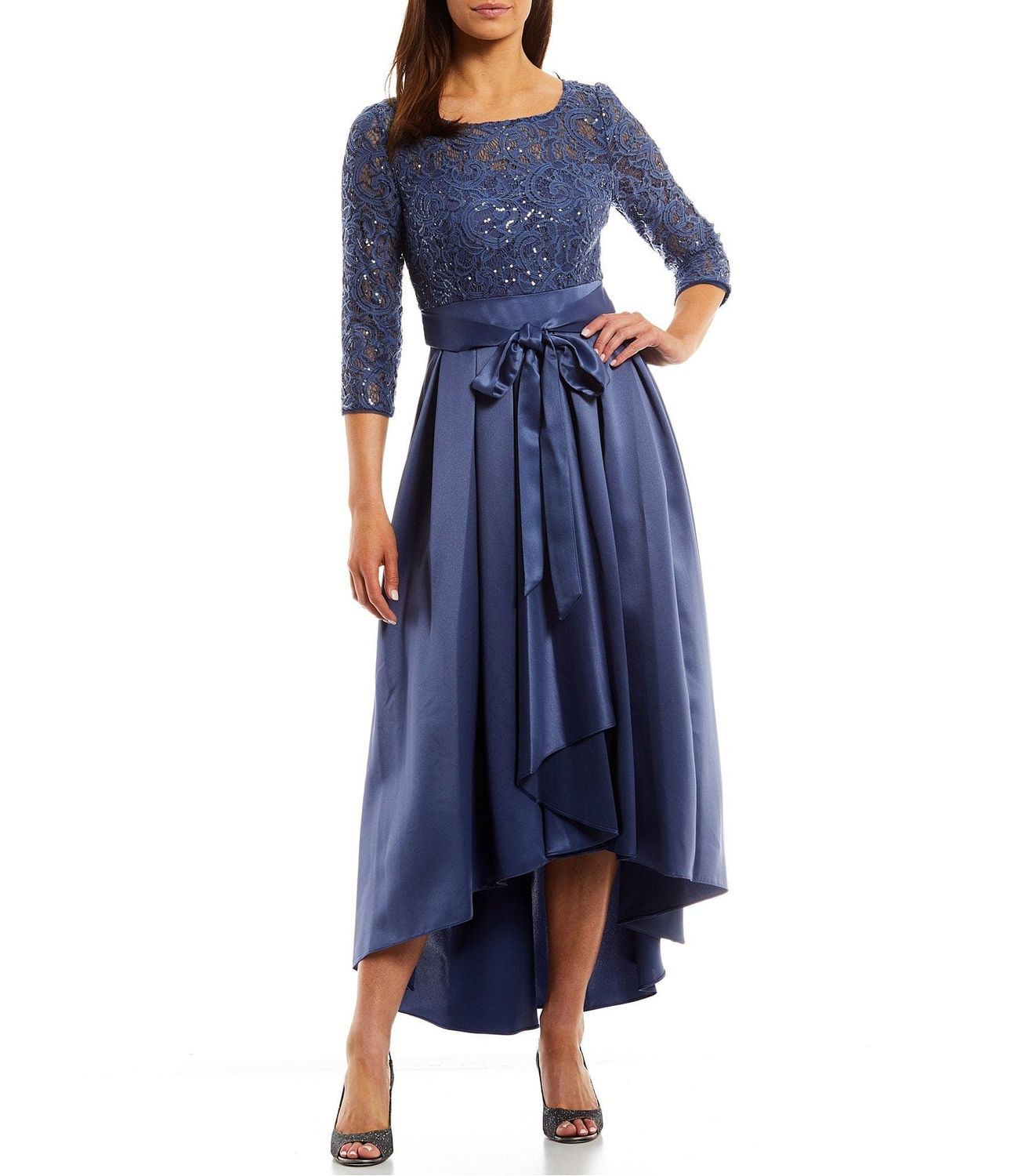 Lace Illusion Jewel High Low Dress 81122468 , Color: Wedgewood, Size: 12