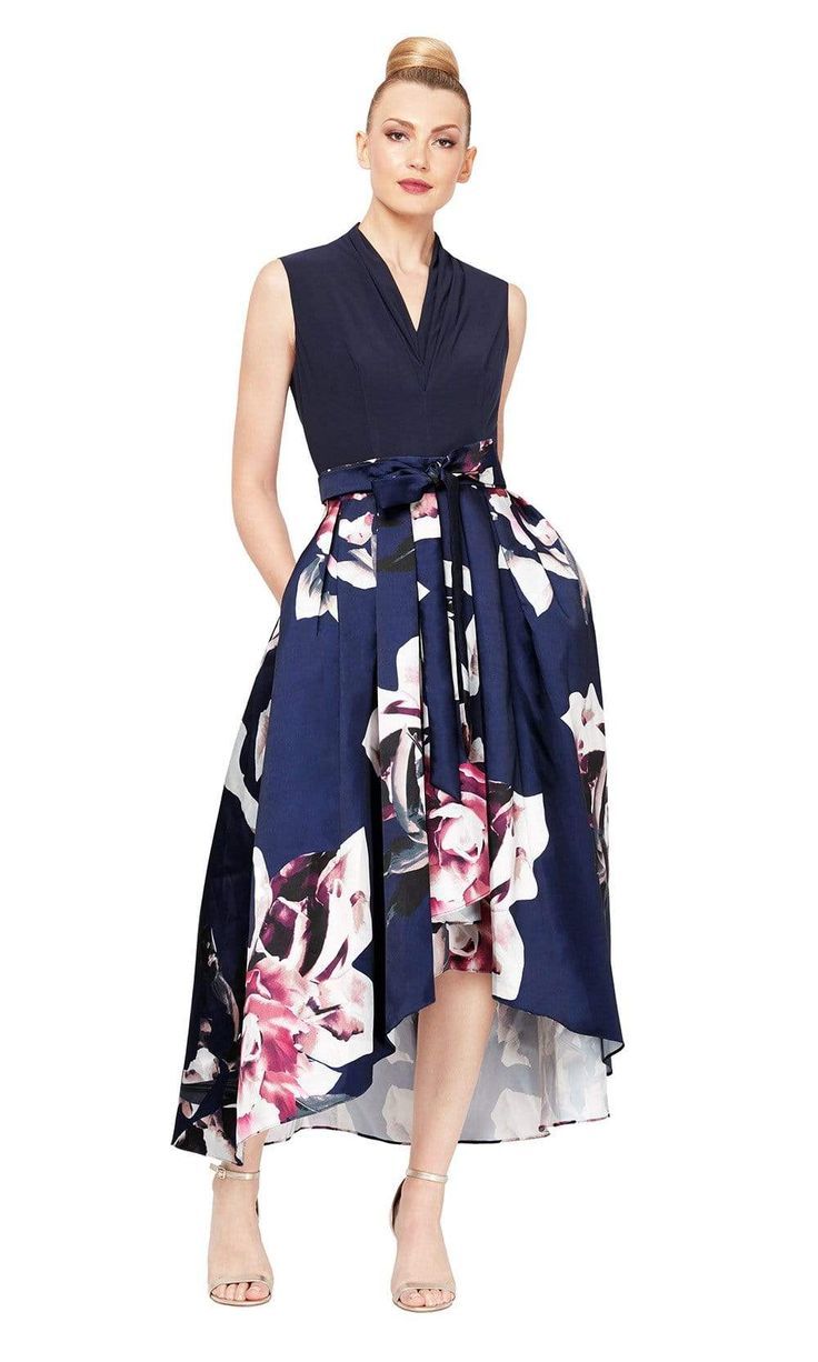 Sleeveless Tie Ribbon Floral High Low Dress 9159236 , Color: Navy Multi, Size: 6