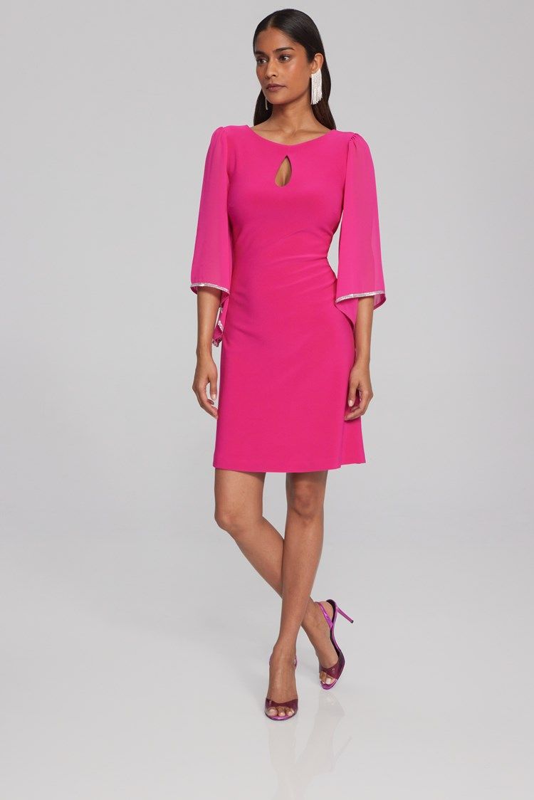 Silky Knit Shift Dress with Chiffon Sleeves 241709 