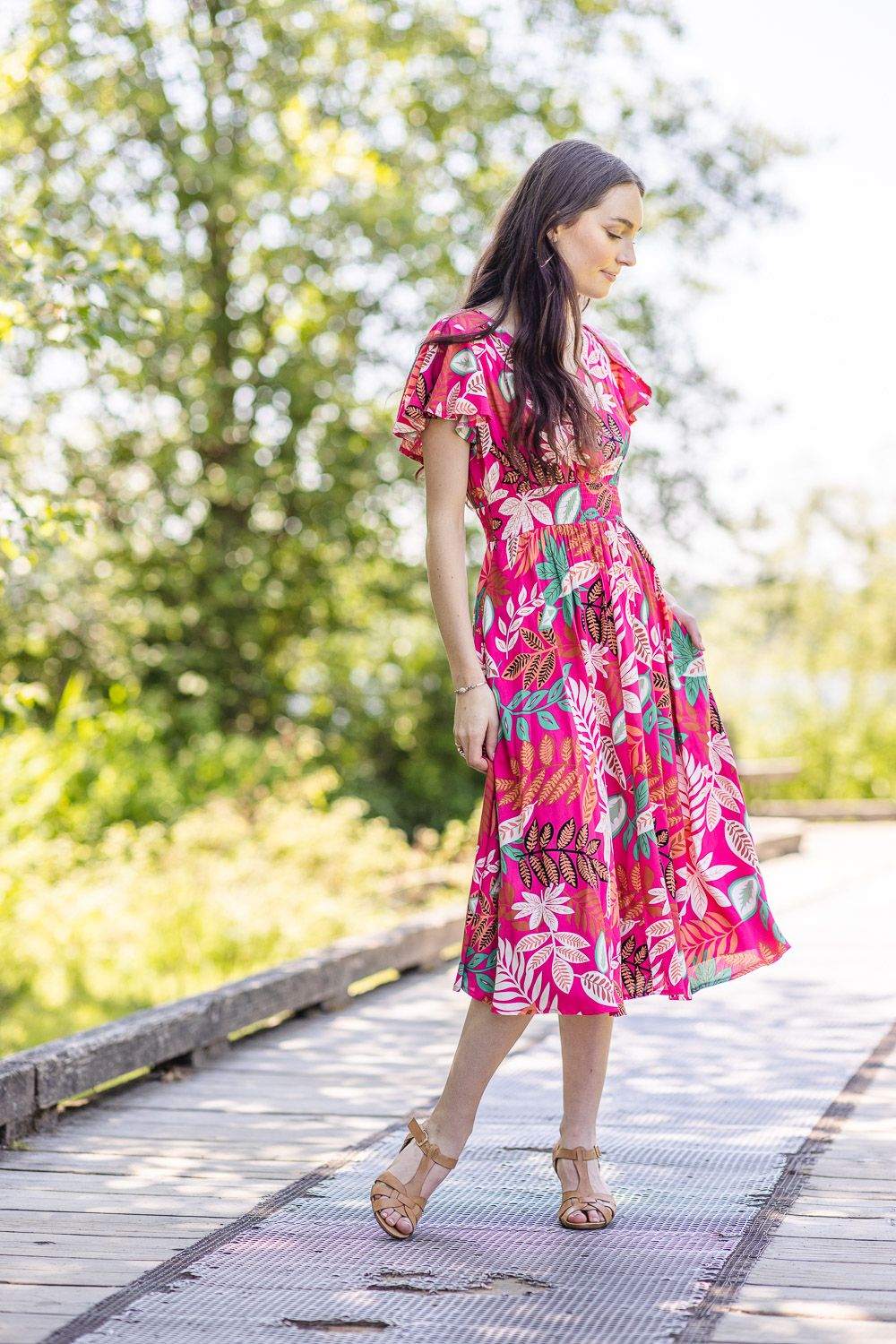 Tropical Print Midi Dress PD16595, Color: Fuchsia, Size: XS