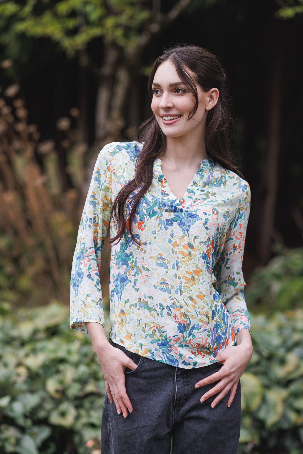 Watercolor Tab Sleeve Blouse PT16069, Color: Sage, Size: S