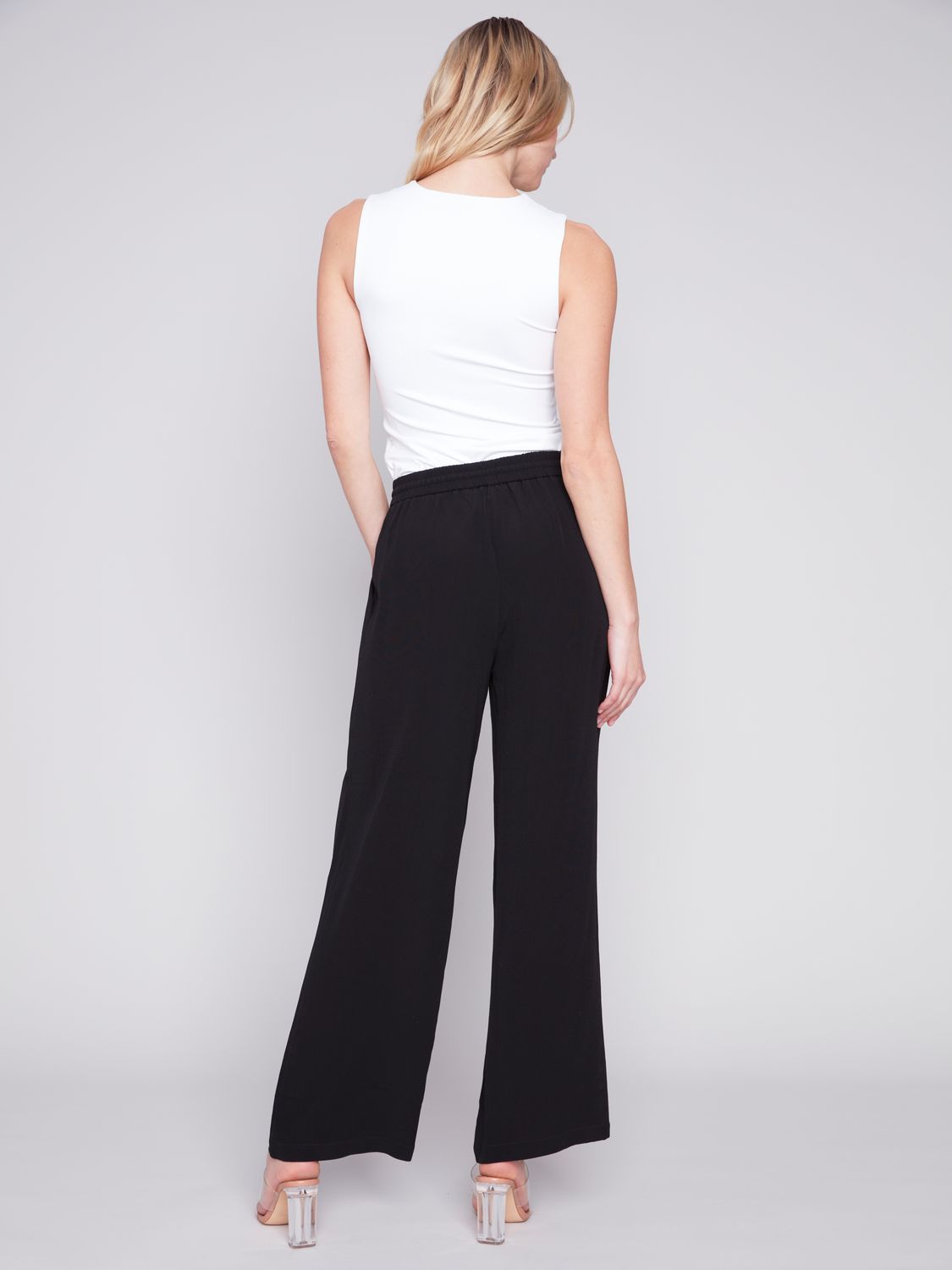 Solid Crepe Elastic Wasit Pull On Pant C5493/866B, Color: Black, Size: XS