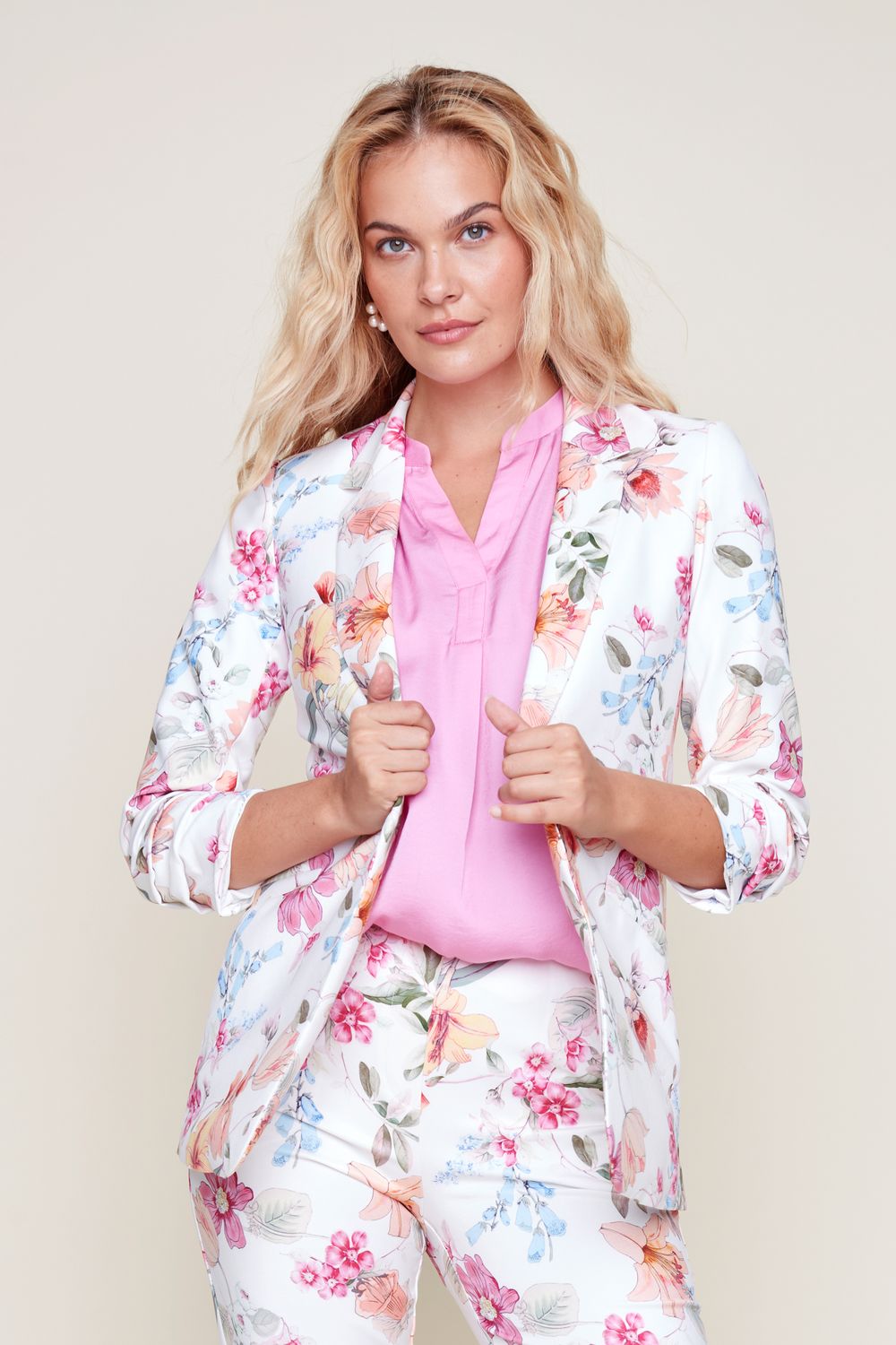 Floral Blazer R3851L-E3226P, Color: Cream Combo, Size: XS