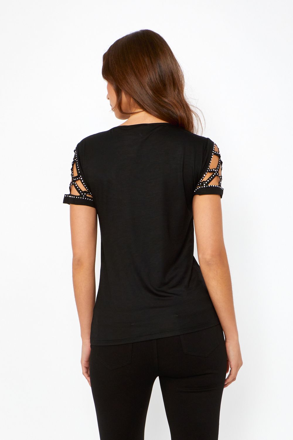 V Neck Jeweled Pullover Style 243465U, Color: Black, Size: S