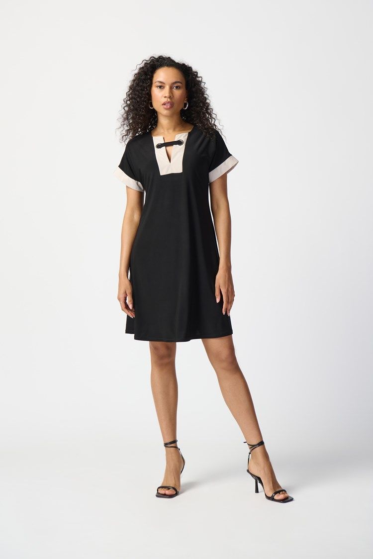 Silky Knit Colour-Block A-line Dress 241030 , Color: 3882-Black/Moonstone, Size: 8