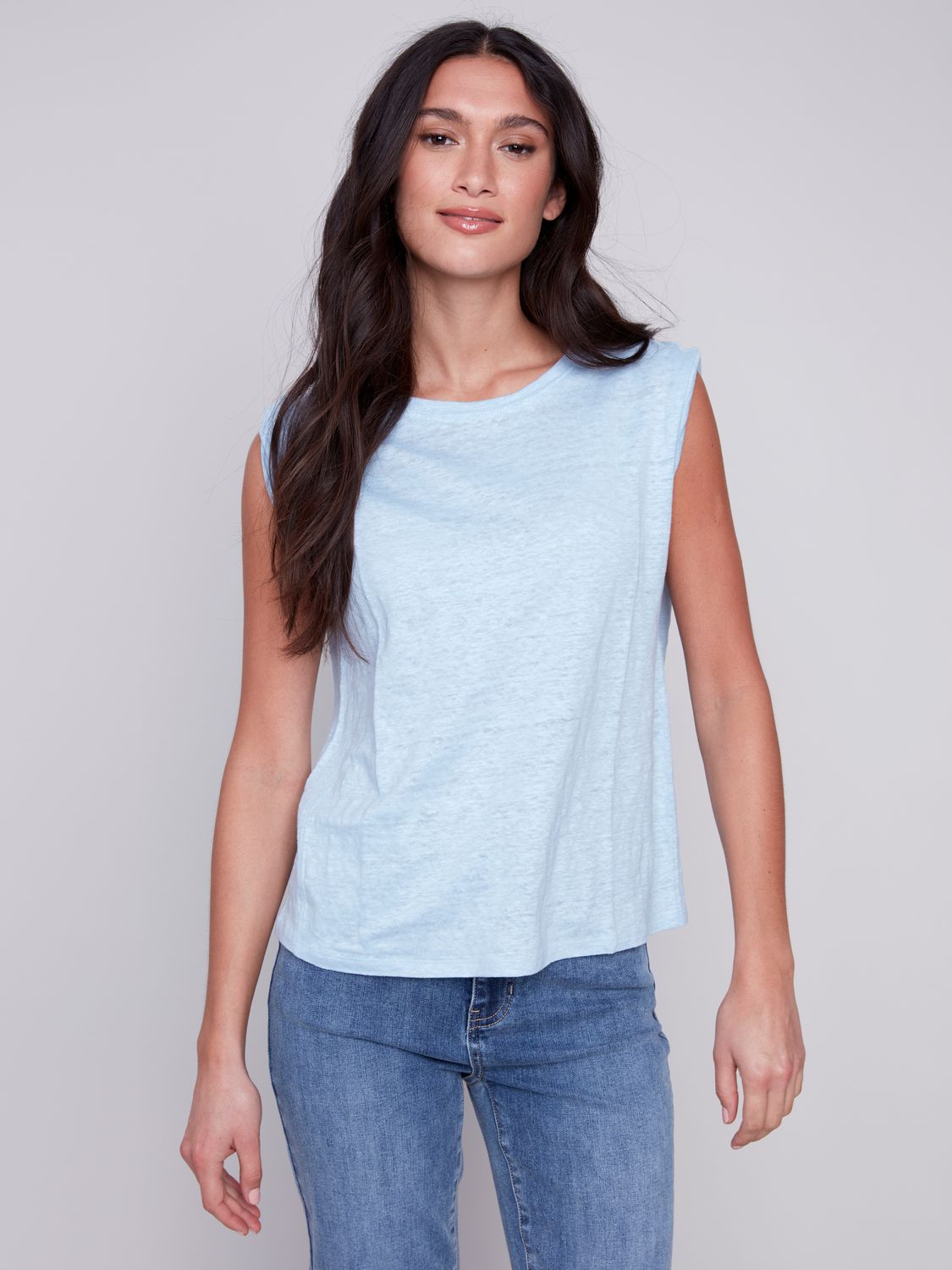 Sleeveless Linen Tank Top C1364PK/772A, Color: Sky, Size: S